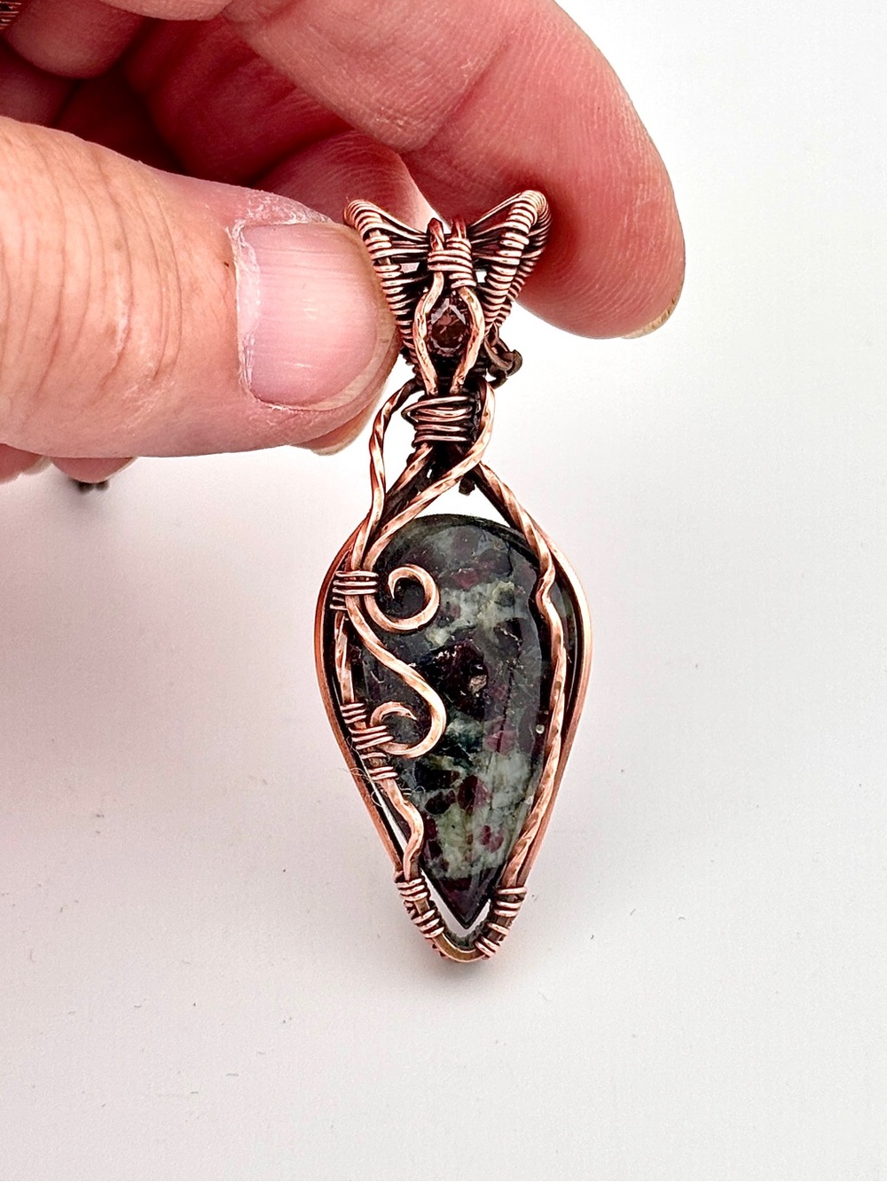HANDMADE Eudialyte and Cubic Zirconia Wire Wrapped Copper Pendant Necklace